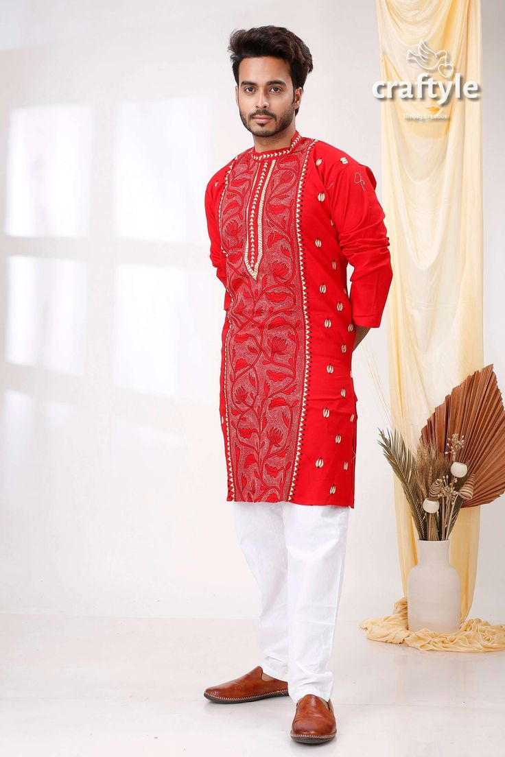 Presenting an exclusive Men's Kurta with hand embroidered kantha work. The unique multi-thread kantha embroidery design is entirely handcrafted on pure cotton panjabi by our skilled artisans. This beautiful Indian attire is suitable for any occasions and it will give you elegant ethnic look with ultimate comfort. Sleeve Length : Long Sleeves Design : Kantha Stitch Fabric : 100% Cotton Wash Care : Dry Clean recommended. -------------------------------- We regularly upload new premium products for Ceremonial Kurta With Traditional Patterns And Long Sleeves, Red Chikankari Embroidery Fabric For Traditional Ceremonies, Red Chikankari Embroidered Fabric For Traditional Ceremonies, Red Long Sleeve Kurta For Traditional Ceremonies, Multicolor Embroidered Cotton Fabric For Traditional Ceremonies, Red Kurta With Intricate Embroidery For Traditional Ceremonies, Red Straight Kurta For Traditional Ceremonies, Long Sleeve Kurta For Rituals And Festivals, Traditional Long Sleeve Wear For Rituals