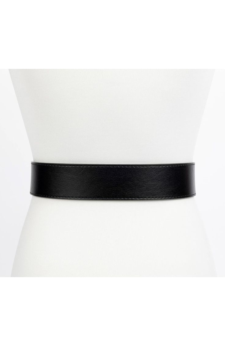 Logo hardware at the buckle adds a subtle element of signature style to this smooth calfskin leather belt. Leather Imported Sleek Leather Belt Buckles For Workwear, Sleek Leather Office Belt, Sleek Leather Belt Buckles For Formal Wear, Sleek Leather Belts For Office, Sleek Black Belt Buckles For Formal Wear, Modern Leather Belt Buckles For Office, Classic Office Belt With Belt Loops, Modern Leather Belt Buckles, Modern Black Belt Buckles For Evening