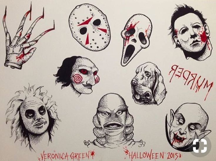 a bunch of creepy faces and masks on a white paper with red marker marks around them