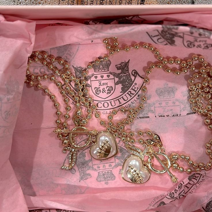 Juicy Couture Jewelry | Juicy Couture Bracelet And Necklace *Nwt* | Color: Cream | Size: Os Juicy Couture Aesthetic, 2000s Jewelry, Silver Feather Necklace, Juicy Couture Necklace, Couture Necklace, Juicy Couture Bracelet, Peace Sign Necklace, Necklace And Bracelet Set, Bracelet And Necklace