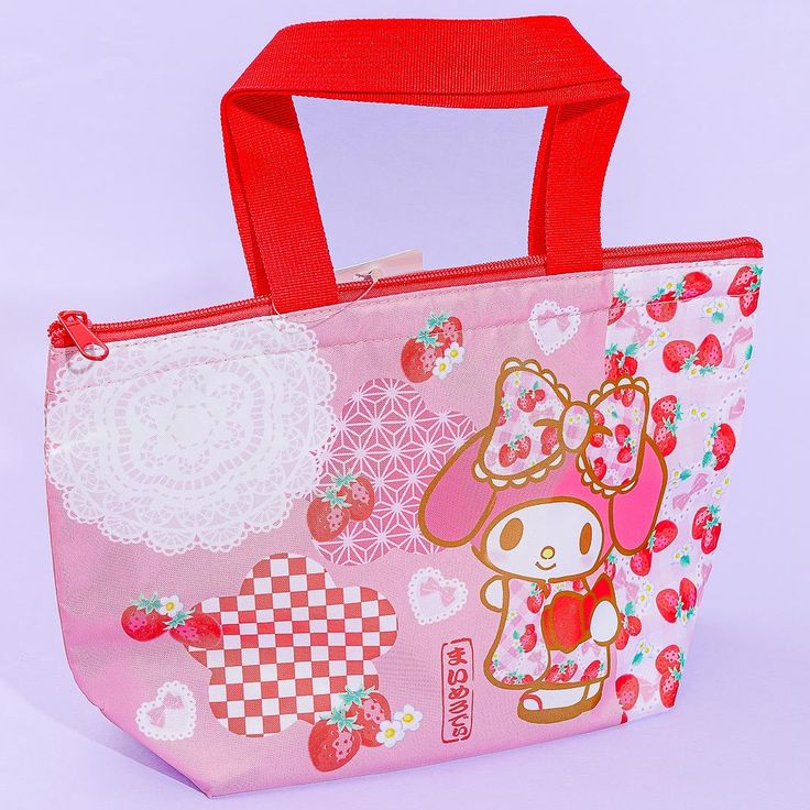 Use this kawaii lunch bag when bringing your lunch to school! This zippered bag features a cute illustration of My Melody wearing a kimono with strawberry prints. It has a spacious compartment with an aluminum lining to help keep your food fresh. There's also a mesh pocket inside for ice packs! Cute Pink Lunch Box For Daily Use, Pink Cute Lunch Box For Daily Use, Kawaii Rectangular Lunch Bag For School, Strawberry Kimono, My Melody Strawberry, Kawaii Lunch, Strawberry Prints, Kawaii Bags, Ice Packs