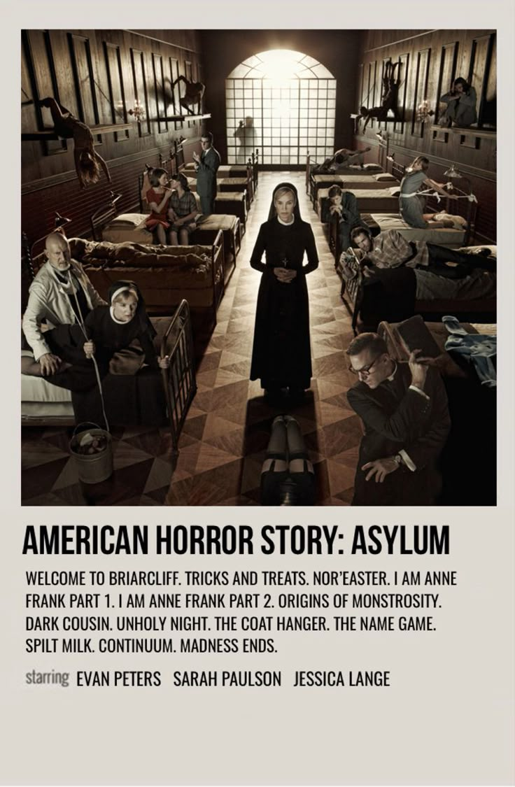 the poster for american horror story asylum is shown in front of a group of people