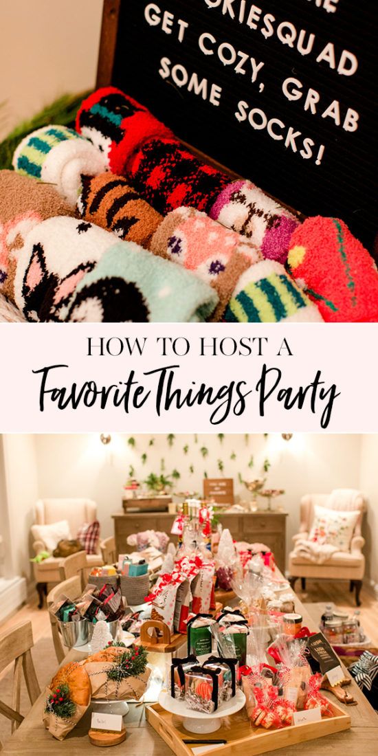 a table filled with lots of blankets and other things on top of it in front of a sign that says how to host favorite things party