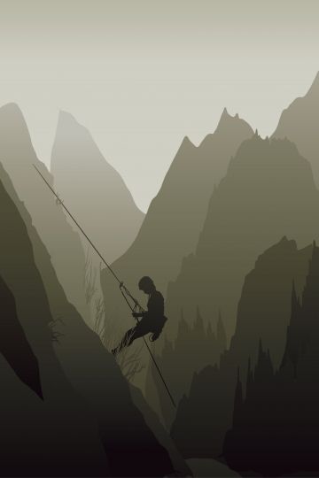 a man climbing up the side of a mountain with a rope in his hand and mountains behind him