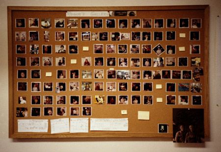 a bulletin board covered in pictures and notes