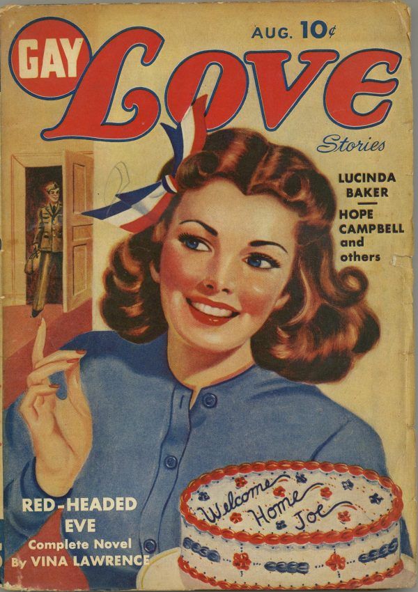 an old magazine cover with a woman holding a knife in her hand and a cake on the table