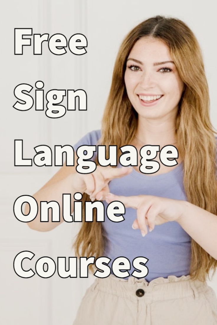 a woman pointing to the right with text overlay that reads free sign language online courses