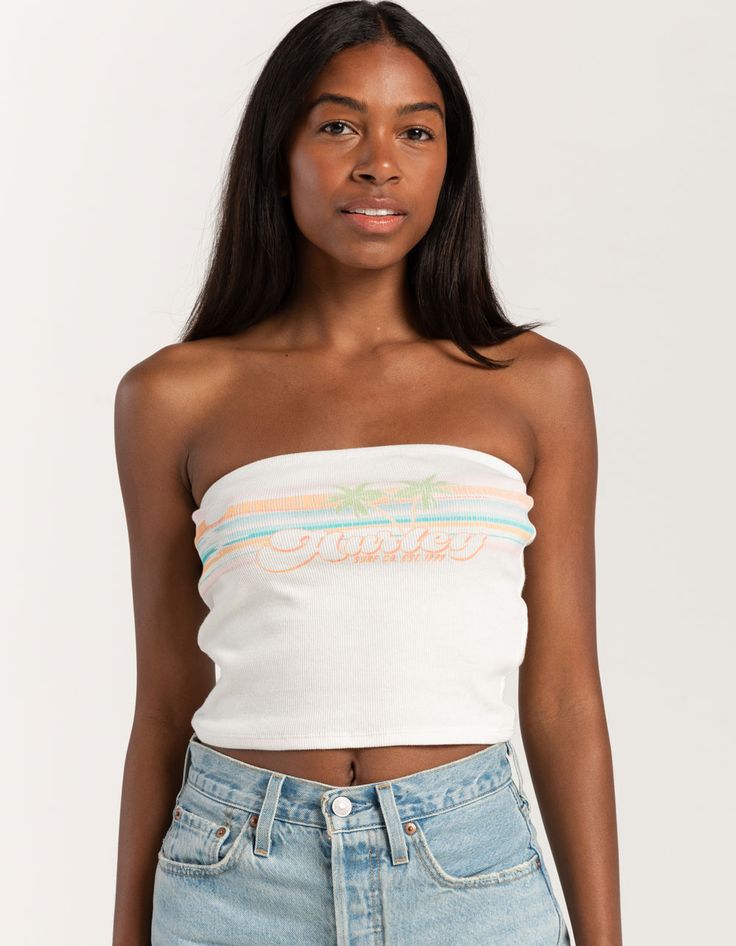 Hurley Coastal Highway Tube Top. Rib Knit Construction. Graphic Screened On Front. Strapless. Cropped Fit. 95% Cotton, 5% Spandex. Machine Wash. Imported. Model Is Wearing A Size Small. Model Measurements:height: 5'7" Bust: 32"waist: 23"hips: 32" Casual Strapless Tops For Spring, White Stretch Bandeau Tops, White Stretch Tube Top Casual, Trendy Stretch Strapless Top, Trendy Strapless Stretch Top, Stretch Bandeau Tops For Summer, Trendy Bandeau Top For Spring, Trendy White Bandeau Top, Spring Bandeau Stretch Tops