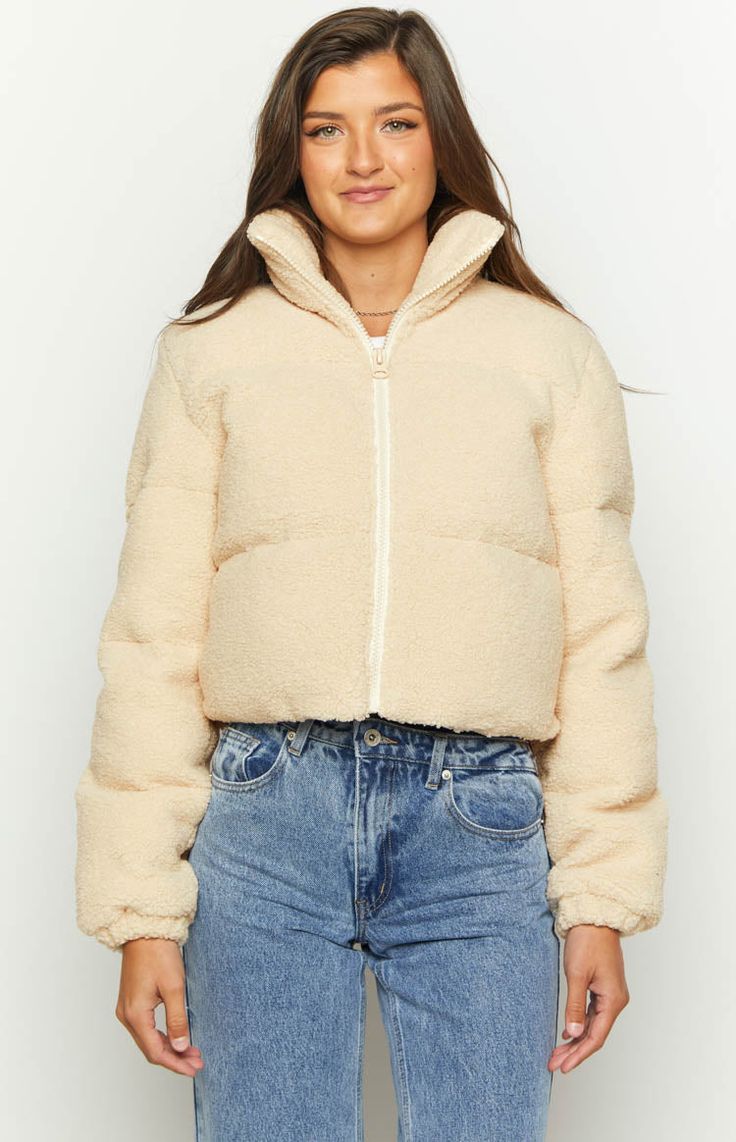 * Cream Teddy Puffer Jacket 
 * 
 
 * HOW TO STYLE: 
 * Keep cozy in the cooler weather in this snuggly teddy puffer jacket ()! This stylish jacket can be styled over any outfit, from a cute dress () to jeans and crop top (). 
 * 
 
 * FEATURES: 
 * Heavy weight 
 * Lined 
 * Collared 
 * Side pockets 
 * Front zip 
 * Standard Fit 
 * Fleece outer Teddy Puffer Jacket, Jeans And Crop Top, Crop Top With Jeans, Prom Midi Dress, Summer Playsuit, Sweater Crop, Stylish Jackets, Strapless Tops, Crop Top Sweater