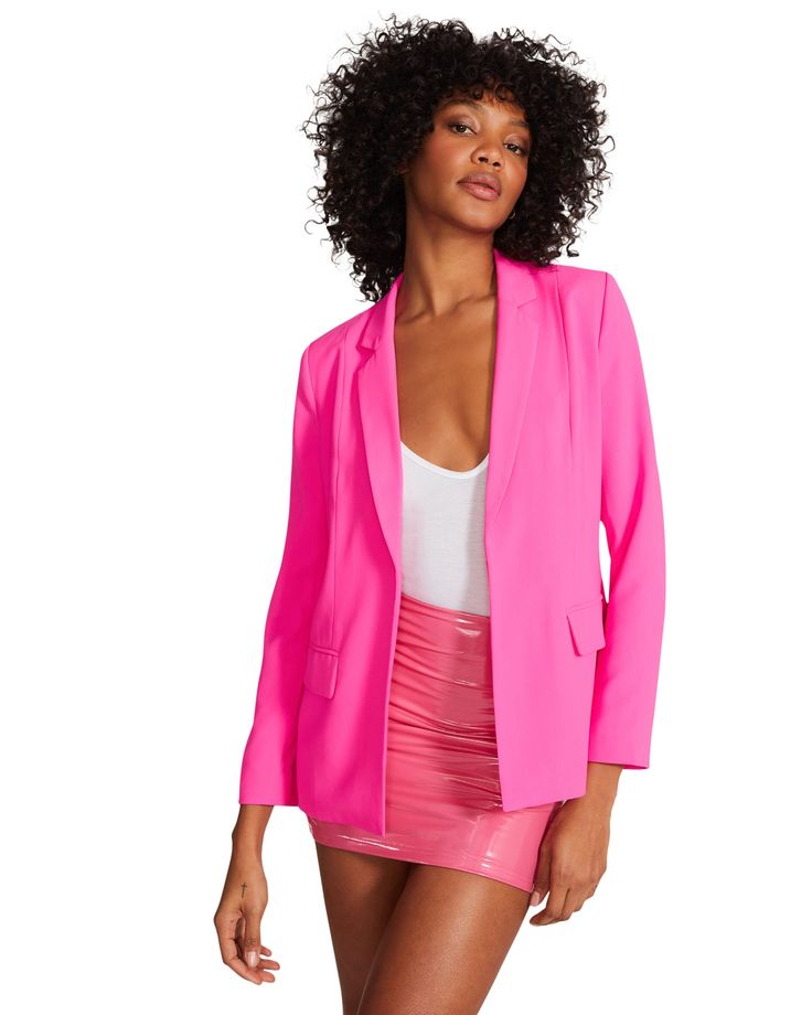 Business but also a party. This Hot Pink Blazer is the perfect companion to your boss babe moments. Throw it on for the next meeting over drinks and watch the deals get sealed. 100% Polyester Lining: 95% polyester 5% Spandex Hand wash cold Do not bleach Line dry Iron low if needed Model height: 5'11" Model wearing size small Imported Hot Pink Blazer, Barbie Pink Dress, Business Vision, Hot Pink Blazers, Hot Pink Shorts, Long Sleeve Sequin Dress, Steve Madden Store, Corset Mini Dress, Long Sleeve Pullover Sweater