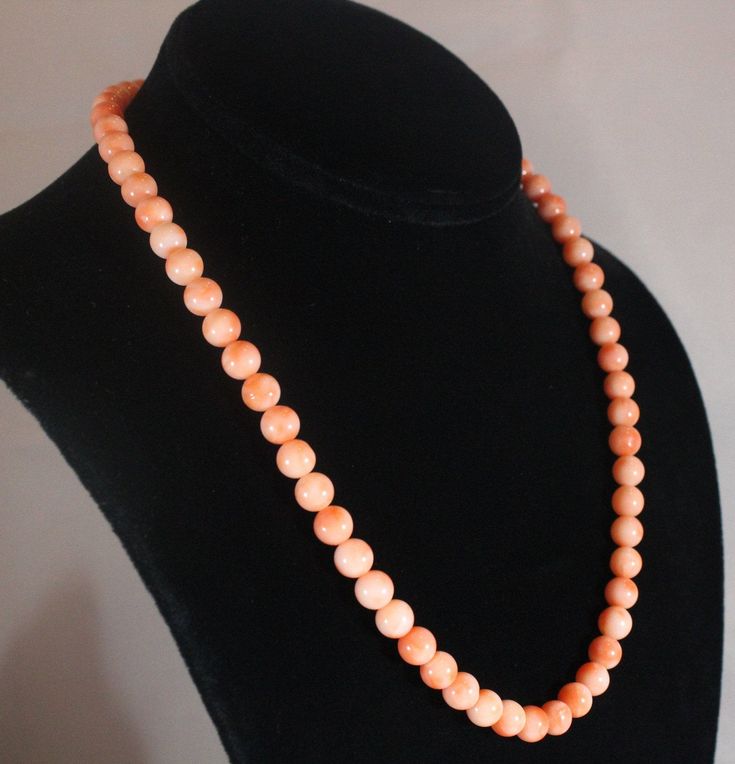 -Vintage Sterling Silver Natural Angel Skin Coral Beaded Necklace -Total length: 18.75 in -Bead size:about 7.5 mm -Coral on clasp size: 7.25 mm x 4.9 mm -Total weight: 37.7 g -Tested silver -Have hairline cracks Classic Beaded Necklaces With Gemstone Beads, Elegant Orange Hand-strung Necklace, Vintage 8mm Beads Jewelry For Formal Occasions, Vintage Formal Jewelry With 8mm Beads, Elegant Orange Jewelry With 8mm Beads, Formal Vintage Jewelry With 8mm Beads, Classic Orange Necklaces For Formal Occasions, Classic Orange Necklace For Formal Occasions, Elegant Formal Hand-strung Beads