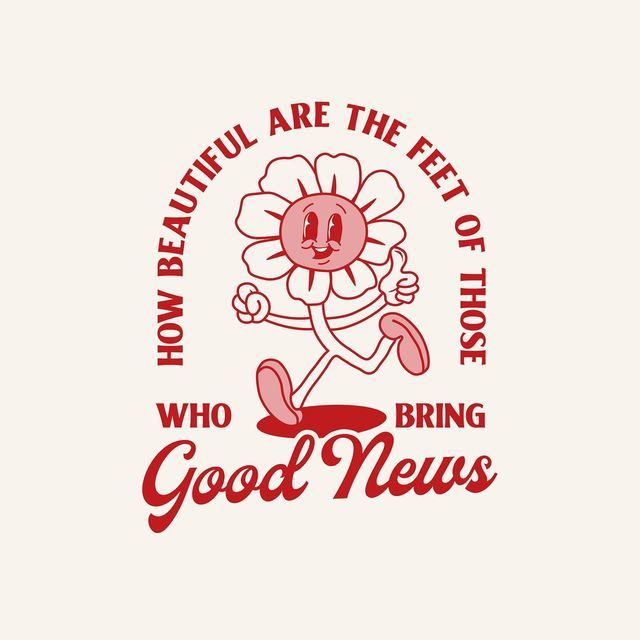 a red and white logo with the words, how beautiful are the feet of those good news