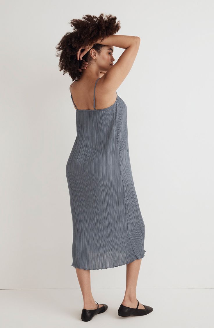 An elevated classic, this midi column dress comes in Madewell's superspecial stretch plissé with hand-finished pleats for a unique, organic look. With adjustable spaghetti straps and a square neckline, it's that versatile piece you can dress up or down. 43" center front length (size 8) Square neck Adjustable straps Unlined 100% polyester Hand wash, line dry Imported Chic Pleated Midi Dress With Straight Neckline, Pleated Midi Dress With Spaghetti Straps, Summer Midi Dresses With Crinkle Texture, Summer Midi Dress With Pleated Back, Summer Midi-length Pleated Dress With Pleated Back, Summer Midi Length Dress With Pleated Back, Elegant Summer Midi Dress With Crinkle Texture, Summer Midi Dress With Pleated Back For Daywear, Plisse Dress