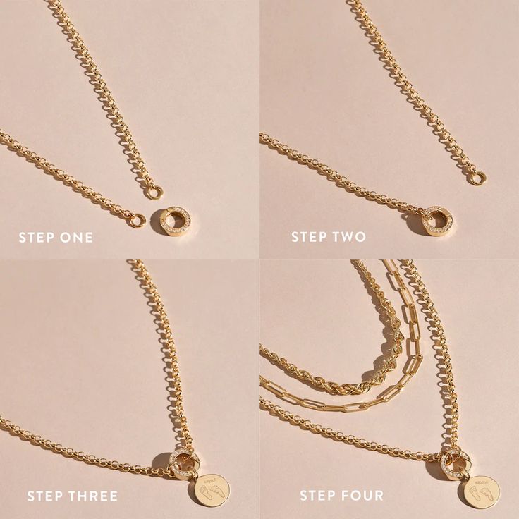 four different types of gold necklaces with names and symbols on them, all labeled in the following words