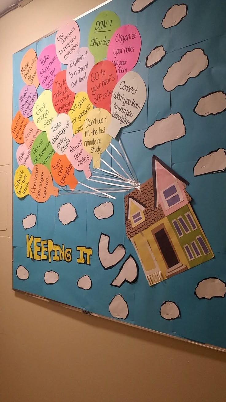 a bulletin board with balloons and words on it that say, keep it safe in the house