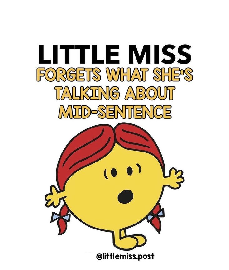 an image of a cartoon character with the words little miss forgets what she's talking