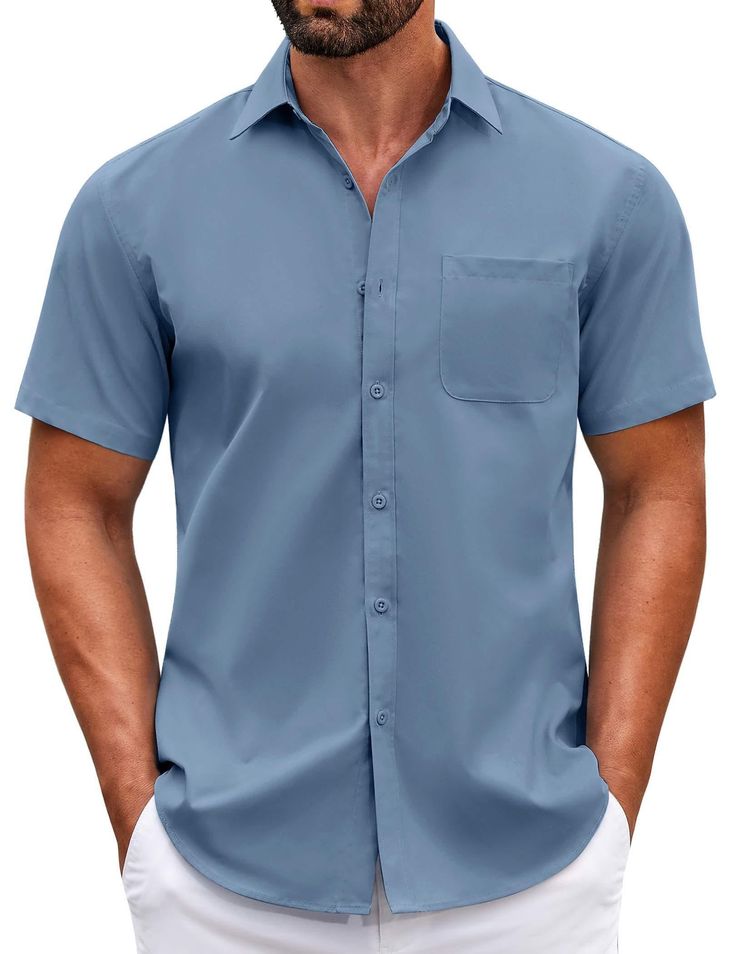 PRICES MAY VARY. LIGHTWEIGHT AND COMFORT: The COOFANDY Men's Short Sleeve Casual Shirt prioritizes comfort without compromising on style. The inclusion of soft fabric not only ensures a silky feel but also enhances breathability; allowing for a comfortable wearing experience throughout the day MODERN LOOK: Embrace a modern aesthetic with men's short sleeve shirt; the urban design features classic shirt collar; button closure; timeless solid color and a regular fit tailored to complement most bod Solid Color Button-up Dress Shirt, Solid Color Collared Dress Shirt For Summer, Solid Collared Dress Shirt For Summer, Solid Color Summer Dress Shirt With Collar, Summer Solid Color Collared Dress Shirt, Solid Color Short Sleeve Dress Shirt For Spring, Summer Solid Color Dress Shirt With Button Closure, Solid Color Plain Button-up Shirt, Solid Short Sleeve Dress Shirt For Spring