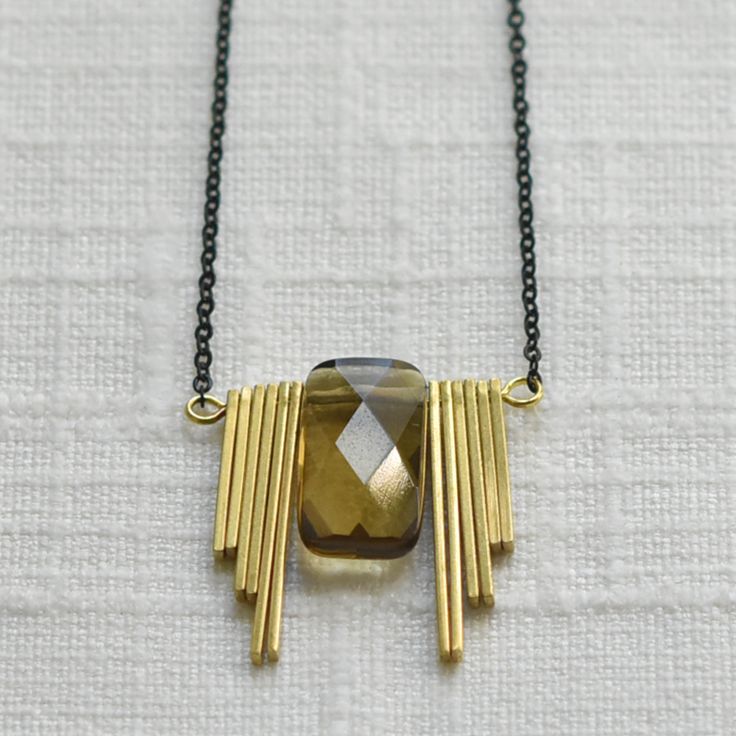 Elegant Necklace With Rectangular Pendant And Lobster Clasp, Elegant Pendant Necklace With Faceted Beads, Elegant Brass Beaded Necklaces, Elegant Brass Necklace With Rectangular Pendant, Elegant Handmade Brass Necklaces, Art Deco Jewelry With Rectangular Pendant As Gift, Art Deco Jewelry With Rectangular Pendant For Gift, Elegant Handmade Brass Necklace, Classic Brass Necklace With Lobster Clasp