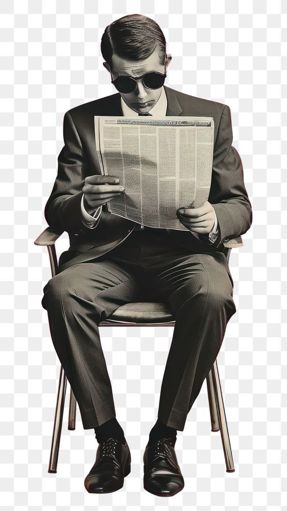 a man in a suit sitting on a chair reading a newspaper, hd png