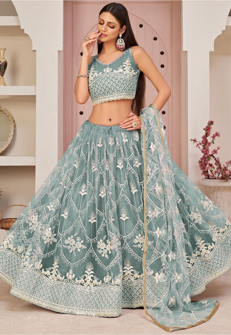 Luxury Semi-stitched Blue Lehenga, Trendy Lehenga, Diwali Dresses, Lehenga Choli Designs, Butterfly Net, Party Wear Lehenga Choli, Net Blouses, Blue Lehenga, Neck Deep