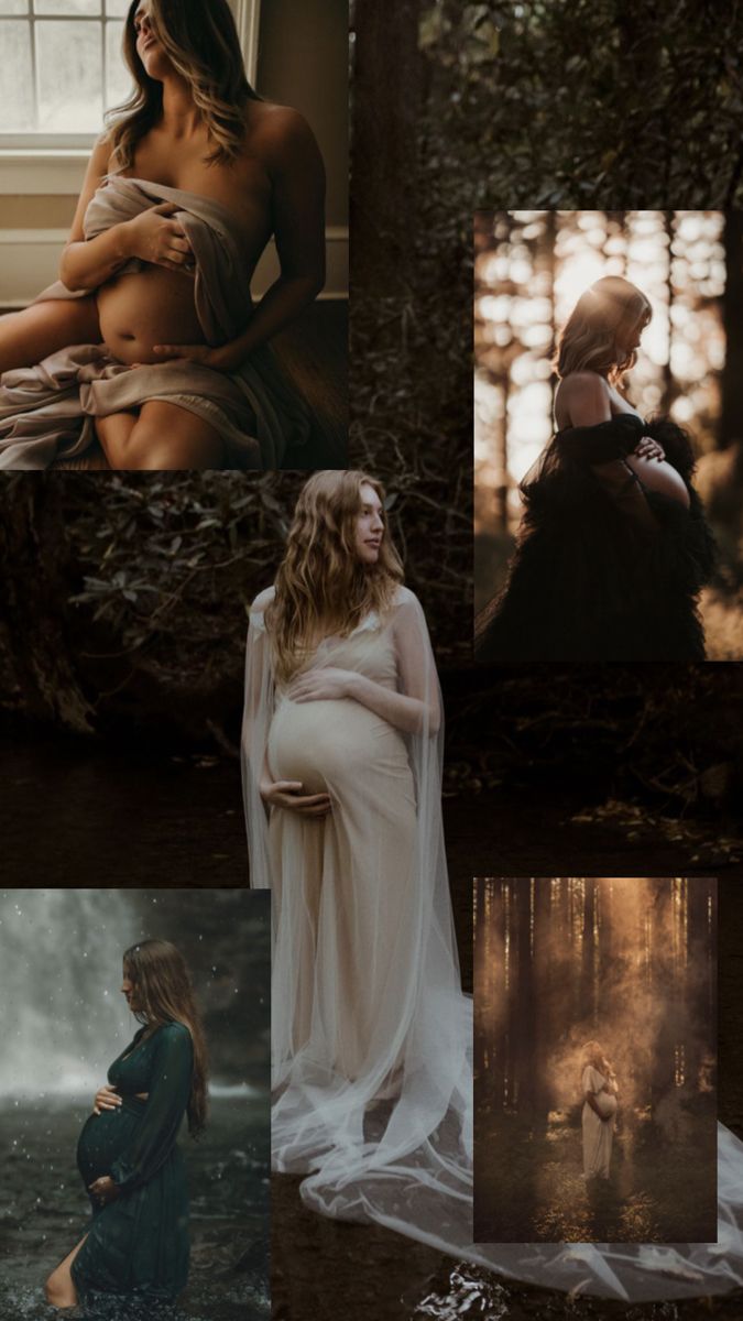 a collage of different images with the same woman in white dress and her pregnant belly