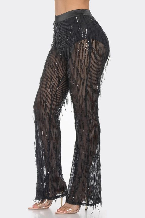 Get the party started with these shimmering sequin pants! Layer up in style with an edgy mesh layer, plus two bold sequin layers for extra sparkle. Shine your way through the night! FEATURING A HIGH WAISTED UNDERWEAR LINING SHEER LAYERED SEQUIN WIDE LEG PANTS AND SIDE ZIPPER. SELF: 95% POLYESTER 5% SPANDEX CONTRAST: 90% POLYESTER 10% SPANDEX LINING: 100% POLYESTER Sequin Pants, Pantalon Large, Sheer Fabrics, Plus Size Tops, High Waisted Pants, Side Zipper, Leg Pants, Men Dress, Wide Leg Pants