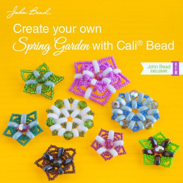 an advertisement for bead creations featuring small square beads and flower designs on yellow background