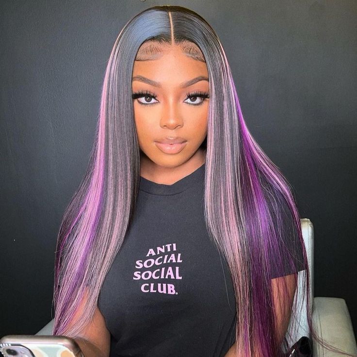 Lace Front Wig Virgin Human Hair Purple Highlight Medium Cap 22.5" 150%Density 20" Hair Length Hair Colorful, Purple Wig, Green Wig, Purple Highlights, Colored Wigs, Hair Laid, Pixie Bob, Human Hair Lace Wigs, Blonde Pixie