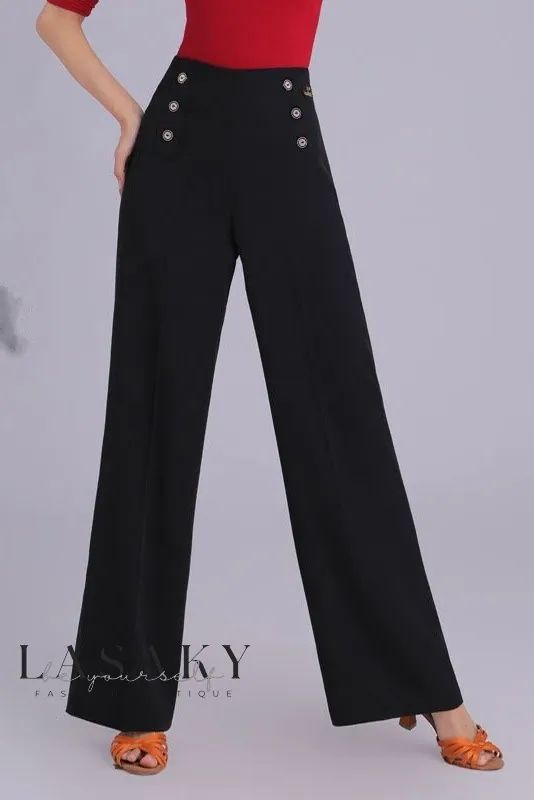 Lasaky - Premium High Waist Latin Dance Training Pants for Social and Modern Dance, Jitterbug Dance Pants Non-stretch Full-length Formal Pants, Black Stretch Wide Leg Work Pants, Classic Black Pants With Button Closure, Stretch Black Work Pants, Stretch Black Work Pants Full Length, Classic High Waist Black Bottoms, Classic Full Length Non-stretch Pants, Black Full-length Dress Pants For Fall, Black Stretch Work Pants