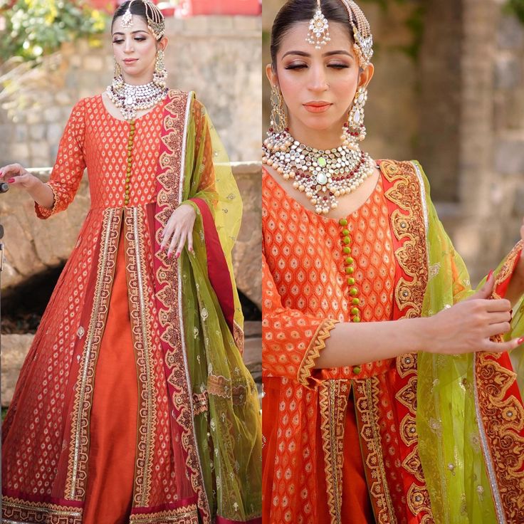 Outfit Description: 3 piece bridal lehenga , gown, dupatta   lehenga:   fabric: Raw Silk with golden border   flair : 5+ yards   gown /pishwas/ frock:   fabric : net with embroidery work   flair : 72 inches (6+ yards) dupatta:  colour: parrot green dupatta with maroon contracting border  fabric : net with heavy hand work embroidery length : 3 yards Note: Actual Color May Slightly Vary From The Image Shown Please Check Our Size Chart If You Like To Give Your Own Measurement Please Chose Custom Or Wedding Anarkali Set With Dupatta In Jamawar, Festive Anarkali Lehenga In Jamawar, Floor-length Jamawar Anarkali Set For Wedding, Unstitched Anarkali Lehenga In Jamawar, Wedding Lehenga With Intricate Embroidery In Jamawar, Anarkali Style Unstitched Jamawar Lehenga, Wedding Semi-stitched Jamawar Lehenga, Wedding Gown With Zari Work In Jamawar, Festive Anarkali Jamawar Gown