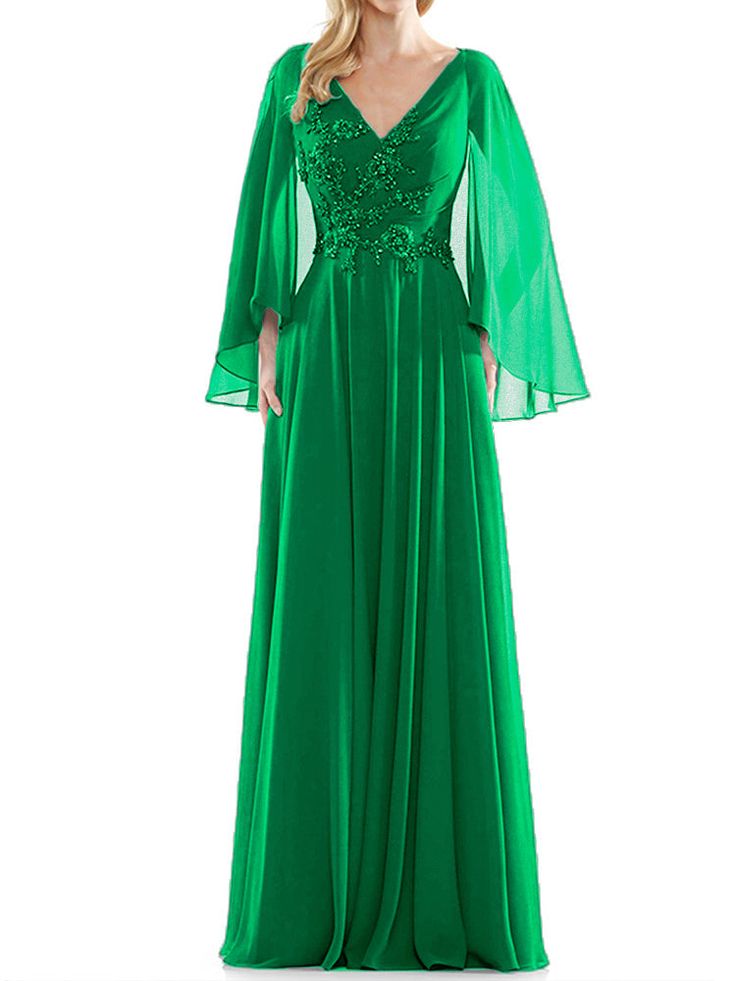 Emerald Green Embellished Chiffon Dress, Green Chiffon Evening Dress For Mother Of The Bride, Green V-neck Chiffon Evening Dress, Green Chiffon Evening Dress For Banquet, V-neck Chiffon Prom Dress In Georgette, V-neck Georgette Prom Dress, Georgette V-neck Prom Dress, Sequin V-neck Chiffon Dress, Sequined Chiffon V-neck Dress