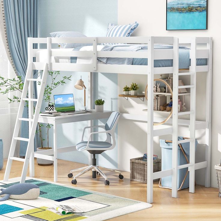 a white bunk bed sitting next to a desk and chair