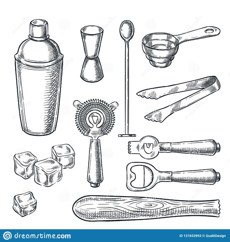 hand drawn illustration of kitchen utensils and ingredients for making ice cream or cake