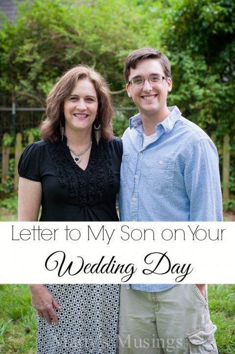 a man and woman standing next to each other with the words, letter to my son on your wedding day