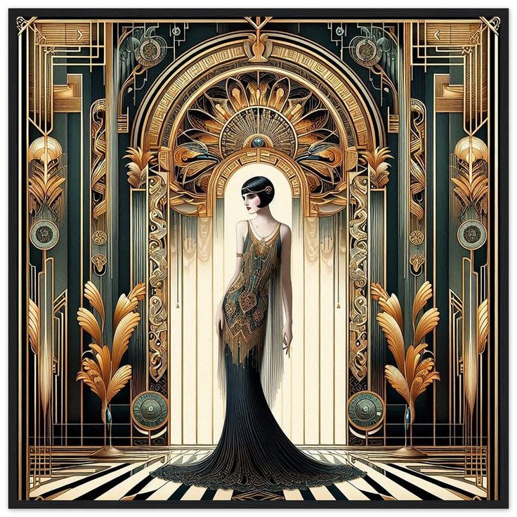 a woman standing in front of a doorway with an art deco design on the wall