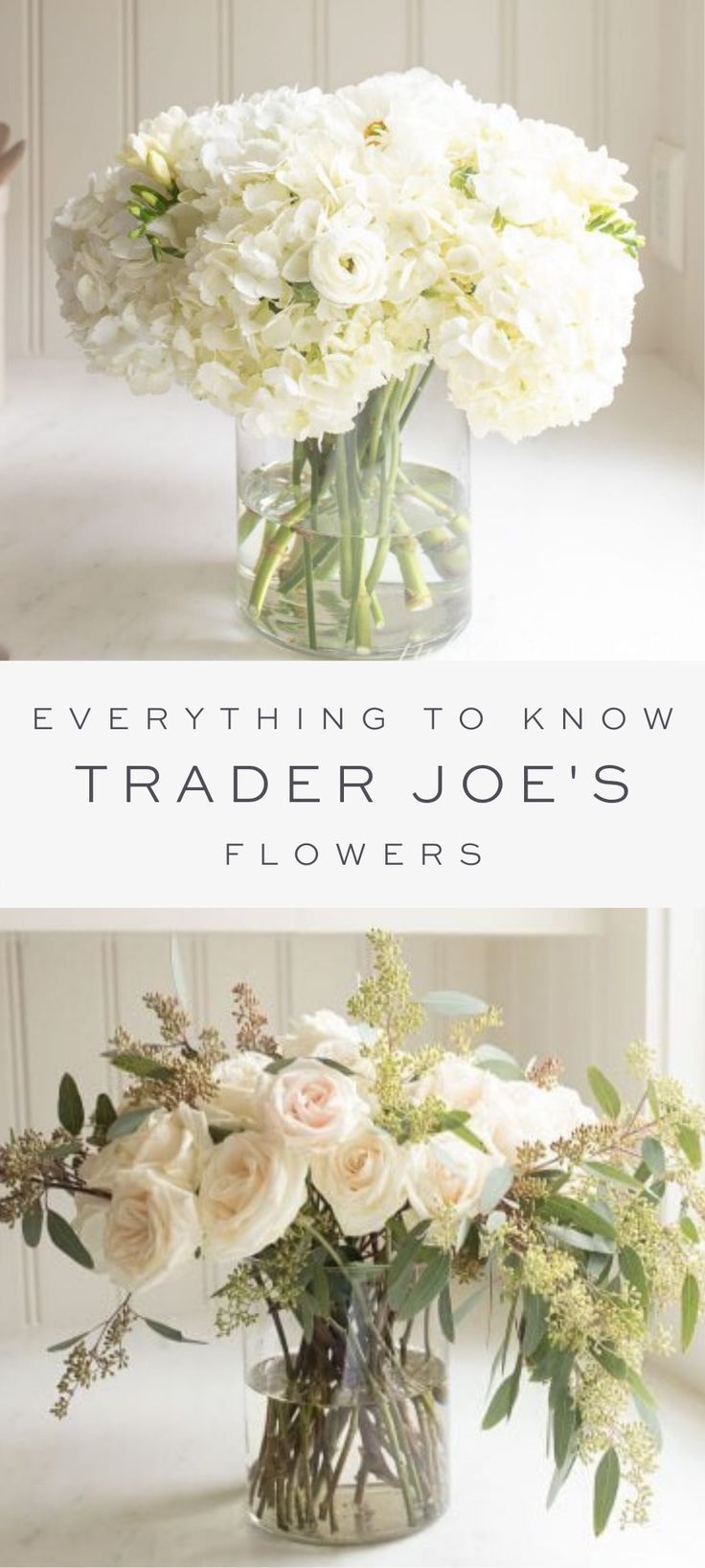 two vases filled with white flowers on top of a table next to the words everything to know about trader joe's flowers