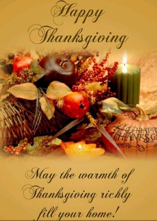 a thanksgiving card with candles, apples and other items on it's side that says happy thanksgiving may the warmth of thanksgiving very well fill all you home