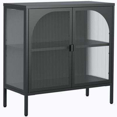 a black cabinet with two doors and mesh panels on the front, against a white background