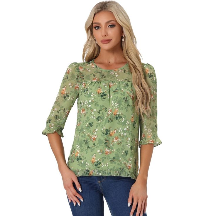 Whether you're in the office or out on the town, this ruffle collar floral print top is perfect for any occasion. It looks comfortable and it is made of very nice flowy breathable material with a pretty floral design. It looks fresh and great for early fall. The style of the blouse gives a very fresh and youthful look without excluding an older audience. Beautiful boho design, very neutral color, could match with Jeans for a very tailored casual look, great for spring and summer. Fall Floral Print Half Sleeve Blouse, Feminine Floral Print Tops With 3/4 Sleeve, Feminine Blouse With 3/4 Sleeve Floral Print, Feminine 3/4 Sleeve Blouse With Floral Print, Flowy Half Sleeve Blouse For Spring, Floral Print 3/4 Sleeve Tops For Work, Floral Print 3/4 Sleeve Work Blouse, Floral Print 3/4 Sleeve Workwear Top, Floral Print 3/4 Sleeve Workwear Blouse