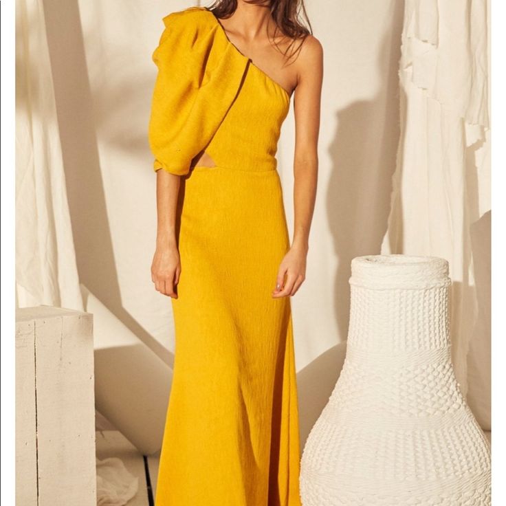 Worn Once. Beautiful Warm Yellow Color. Us 2. Floor Length. Yellow One Shoulder Dress, Blush Dress Formal, Monochrome Photo, Blush Dress, Johanna Ortiz, Blush Dresses, Slim Fit Dresses, Looks Chic, Crepe Dress