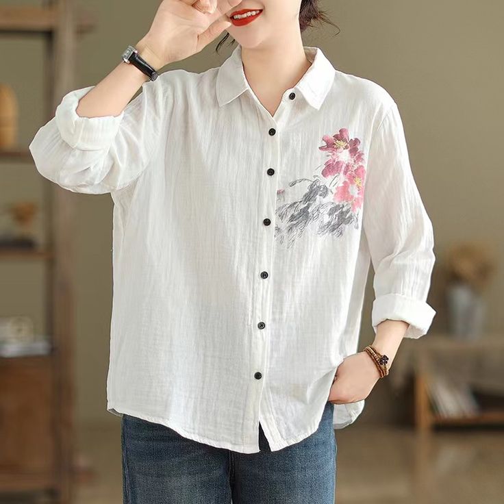 Sku CY-!124286 Material Cotton Style Literary Feature Printed Neckline Lapel Occasion Casual, Vintage Seasons Spring, Winter Type Shirt Color White Size One Size Size Chart: Please consult the size chart we provide for this item's measurements to help you decide which size to buy. Please note: There may be 1-3cm differ due to manual measurement. CM Bust Shoulder Sleeve Waist Hip Thigh Length One size 106 41 55 / / / 69 S / / / / / / / M / / / / / / / L / / / / / / / XL / / / / / / / White Casual Collar Blouse, Casual Cotton Blouse With Casual Collar, Spring Graphic Print Top With Casual Collar, White Cotton Top With Casual Collar, White Cotton Blouse With Casual Collar, Spring Cotton Tops With Casual Collar, Casual Collar Cotton Top For Spring, Spring Cotton Top With Casual Collar, Spring Relaxed Fit Shirt With Collar