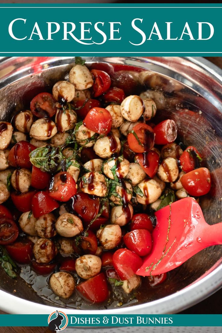 the cover of caprese salad with tomatoes and spinach in a silver bowl