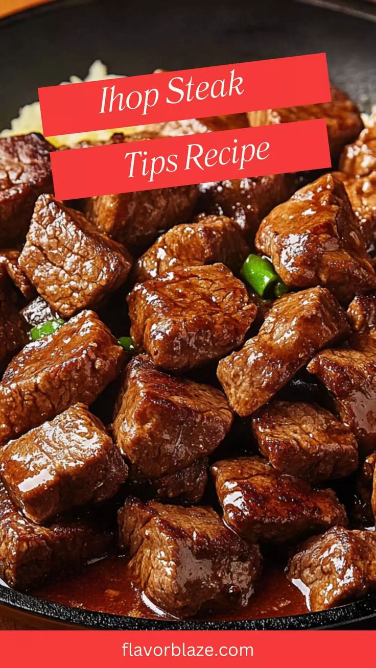 steak and rice in a skillet with the words, how to cook steak tips recipe