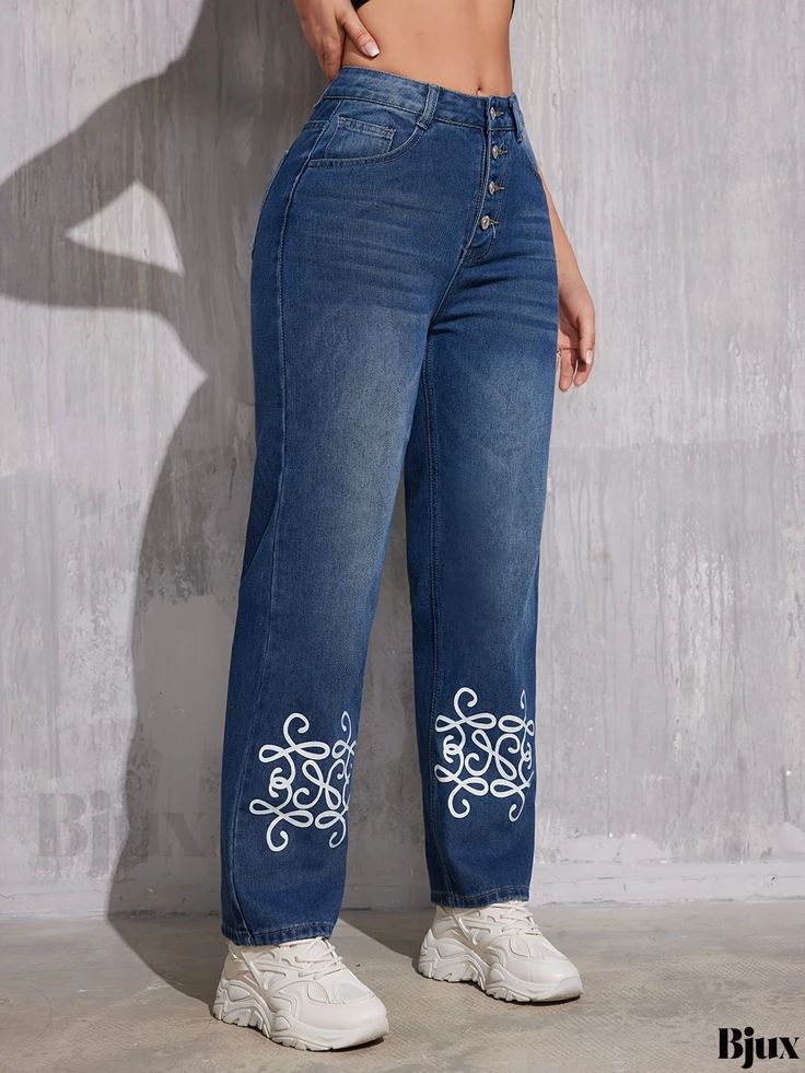 Bjux - Printed Loose Fit Casual Denim Pants - Womens Single Breasted Button Washed Straight Denim Jeans Baggy Denim Jeans With Button Closure, Baggy Medium Wash Bottoms With Button Closure, Baggy Mid-rise Jeans With Button Closure, Non-stretch Denim Blue Jeans With Button Closure, Non-stretch Straight Leg Jeans With Button Closure, Non-stretch Cotton Jeans With Button Closure, Non-stretch Cotton Jeans With Buttons, Baggy Denim Blue Bottoms With Button Closure, Straight Leg Denim Blue Jeans With Buttons