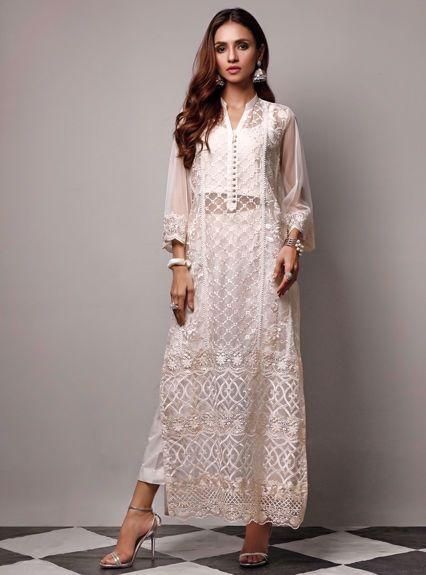 White Salwar Kameez With Pearl Embroidery, White Anarkali Kurta With Pearl Embroidery, Elegant Traditional Wear With Naqshi On Georgette, Festive Semi-stitched Lawn Suit With Pearl Embroidery, Elegant Traditional Wear With Pearl Embroidery For Diwali, Designer White Salwar Kameez With Pearl Embroidery, White Dabka Kurta For Party, Elegant Georgette Salwar Kameez With Naqshi, Eid Designer Wear Salwar Kameez With Pearl Embroidery