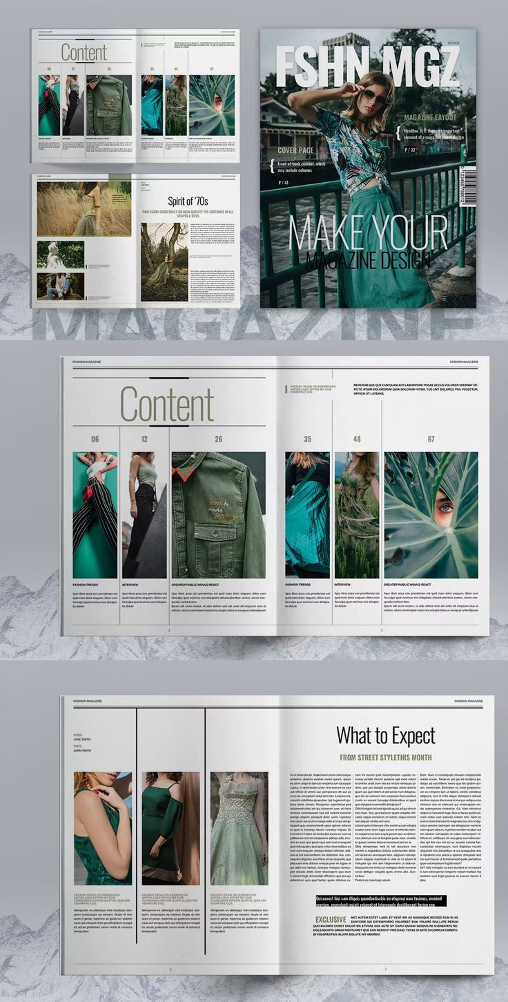 an open magazine with photos and text on the front, back and side pages in different colors