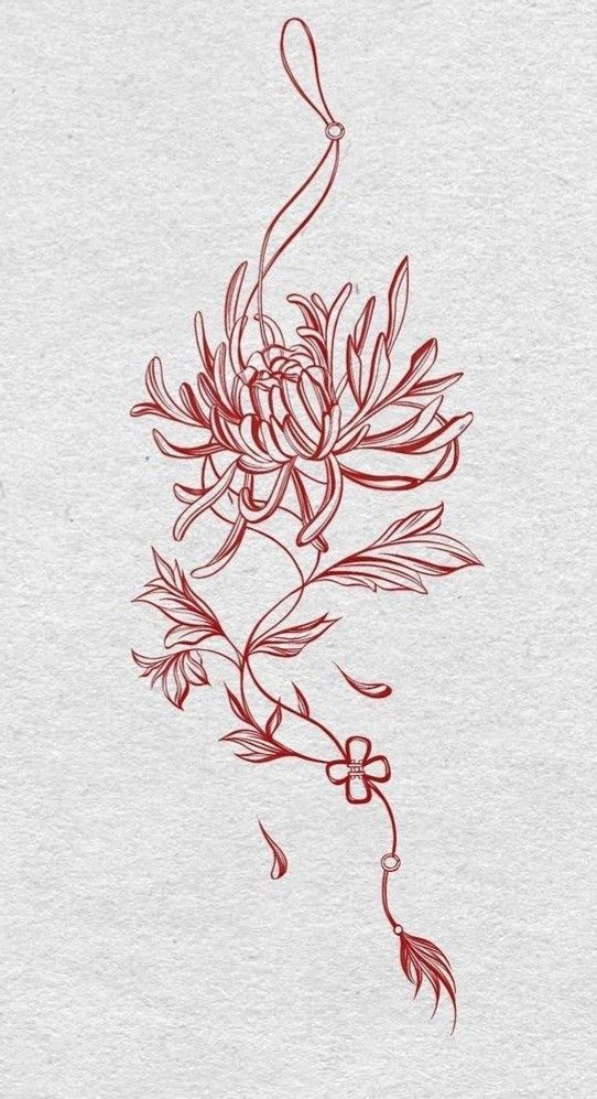 a drawing of a flower with long stems and leaves in red ink on white paper