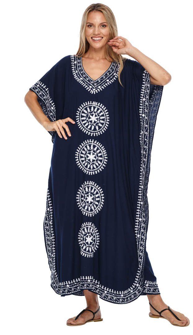 Embroidered Long Kaftan Dress - Love ShuShi Blue Bohemian Resort Cover-up, Embroidered Kaftan For Beach Cover-up, Blue V-neck Kaftan For Beach Season, Embroidered Maxi Dress For Summer Vacation, Summer Vacation Embroidered Maxi Dress, Summer V-neck Embroidered Kaftan, Blue V-neck Kaftan For Beach Cover-up, Embroidered Beachwear Maxi Dress For Summer, Embroidered Long Maxi Dress As Beach Cover-up