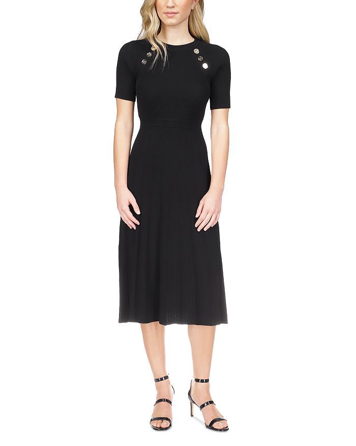 Michael Kors Michael Kors Logo Button Midi Sweater Dress Women - Bloomingdale's Black Buttoned Work Dress, Black Buttoned Midi Dress For Work, Black Midi Dress With Button Closure For Work, Black Midi Dress With Buttons For Work, Fitted Short Sleeve Midi Dress With Button Cuffs, Evening Midi Dress With Short Sleeves And Buttons, Workwear Midi Dress With Buttons, Classic Black Midi Dress With Button Closure, Fitted Button-up Midi Dress With Button Cuffs