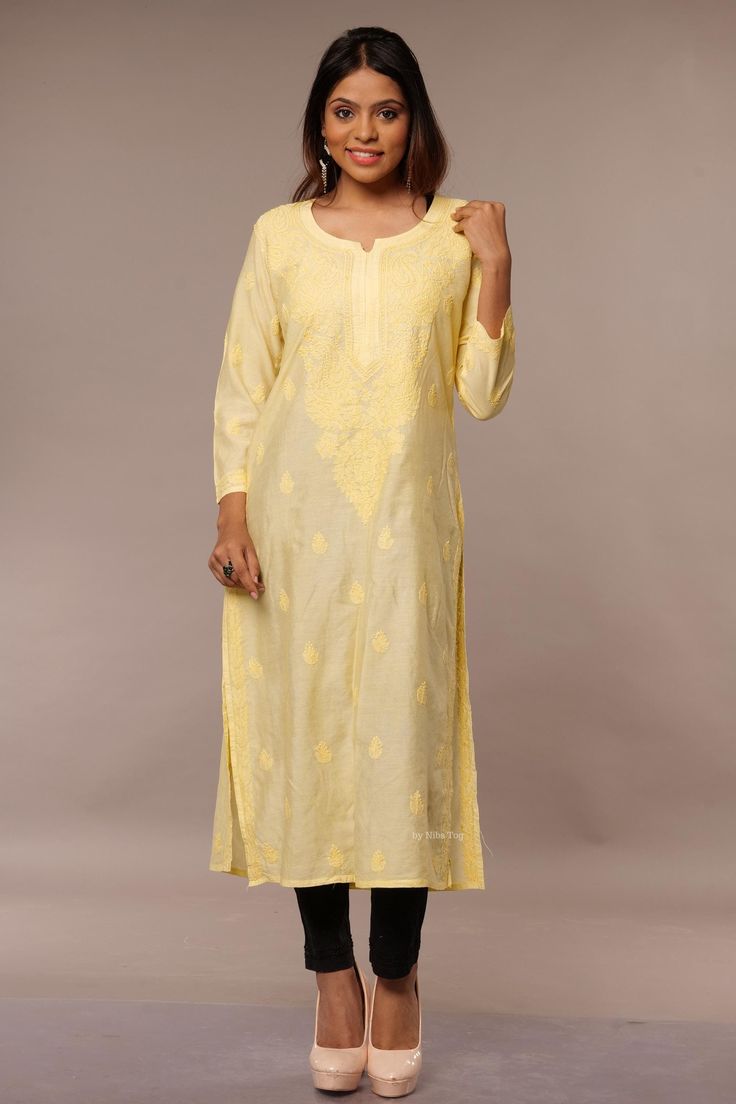 Nibs Tog Handmade Yellow Chikankari Embroidered Silk Kurta for Women Product Details: Material: Handmade Modal Silk for a luxurious, soft feel Design: Chikankari embroidery around the neckline and delicate motifs across the kurta Colour: Light Yellow, hand-dyed to perfection, with matching thread for a monotone look Length: 46 inches, perfect for an elegant, straight silhouette Sizes Available: Small to 2XL for a perfect fit for everyone Product Detail: Step into a world of elegance with our Han Bollywood Churidar With Cutdana, Chanderi Churidar With Zari Work, Yellow Resham Embroidered Kurta, Transitional Cutdana Kurta, Traditional Long Sleeve Anarkali Set, Chikankari Embroidery Georgette Kurta For Eid, Bollywood Style Kurta With Chikankari Embroidery For Eid, Eid Kurta With Chikankari Embroidery In Georgette, Designer Wear Churidar For Transitional Seasons